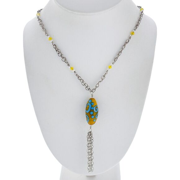Multi Strand Silver Tone Yellow Blue Glass Bead Tassel Statement Necklace 28" - Picture 1 of 4